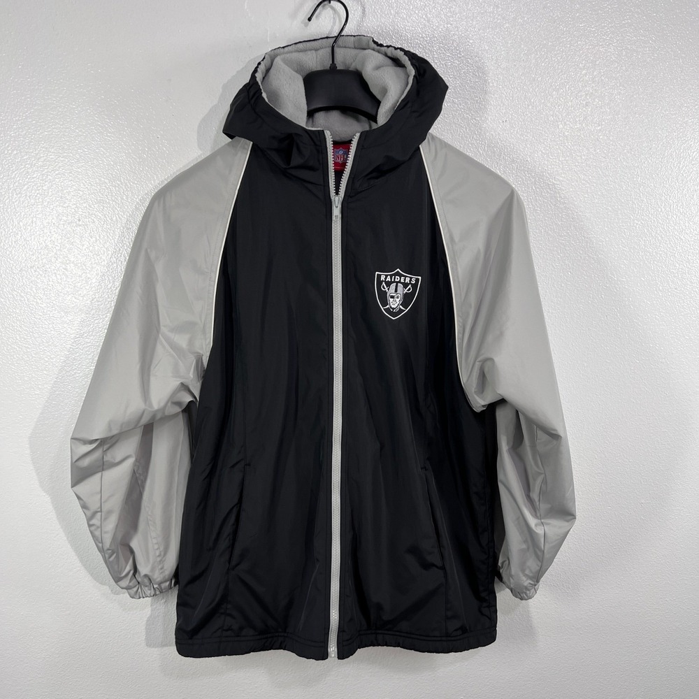 Vtg. Raiders NFL Black‎ Gray Hooded Jacket XL Men's Retro Style Fleece Lined Zip